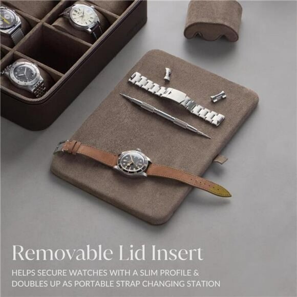 Tawbury Leather Watch Case 8 Slot Travel Watch Box with Zipper Brown - Picture 4 of 8